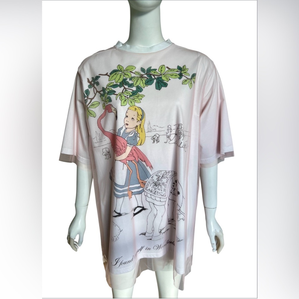 Scrambled Ego Women T-shirt Top Pink Mesh Alice in Wonderland Graphic Print Sz M - Picture 4 of 10